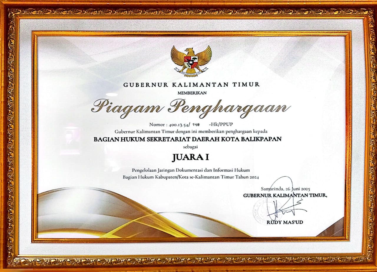 Juara 1 pengelolaan Jaringan Dokumentasi dan Informasi Hukum (JDIH) Kabupaten/Kota se Kalimantan Timur Tahun 2024