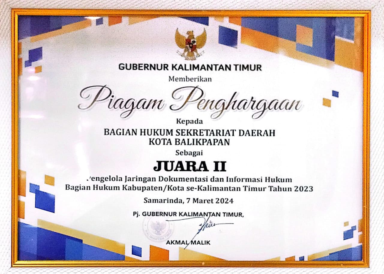 Juara II Pengelolaan Jaringan Dokumentasi dan
                                Informasi Hukum (JDIH) Kabupaten/Kota se Kalimantan Timur Tahun 2024